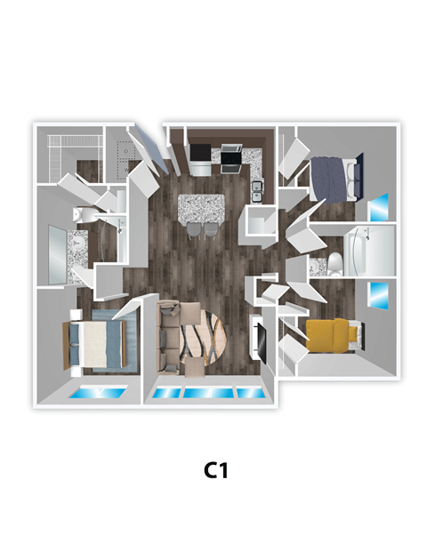 Floor plan for 3 beds, 2 baths, 1276 sqft
